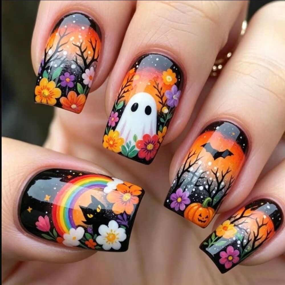 Halloween Press On Nails Ghost Black Cat Pumpkin Floral False Nails Fake Nails - Picture 5 of 5